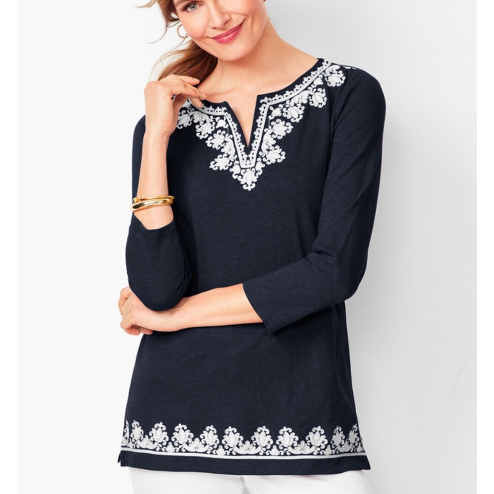 Talbots Split Neck Embroidered Tunic Blouse